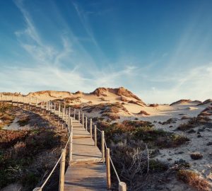 Parco Naturale di Sintra‑Cascais; passerella di legno tra la sabbia