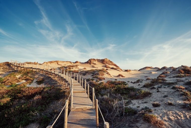 Parco Naturale di Sintra‑Cascais; passerella di legno tra la sabbia